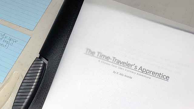 Photo Description: The photo shows a clear, soft cover binder through which the title page can be seen. It reads: The Time-Traveler's Apprentice. A Choose Your Own Culinary Adventure by K. Alix Anttila. On the left, blue index cards with some hand writing can be seen.