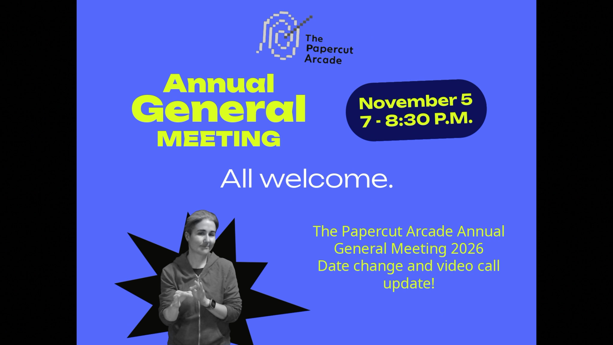 Blue image with yellow and white text advertising the AGM on November 5th from 7-8:30 PM.